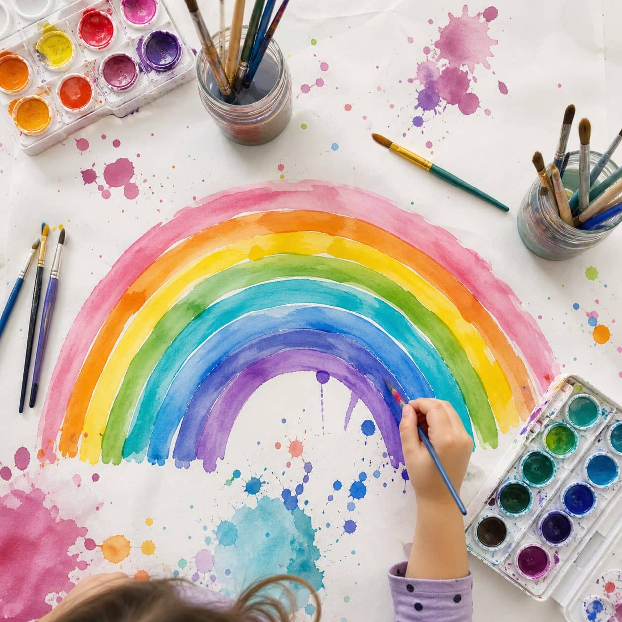 A child's watercolour rainbow on a sheet of paper, brushes and paint palettes around it