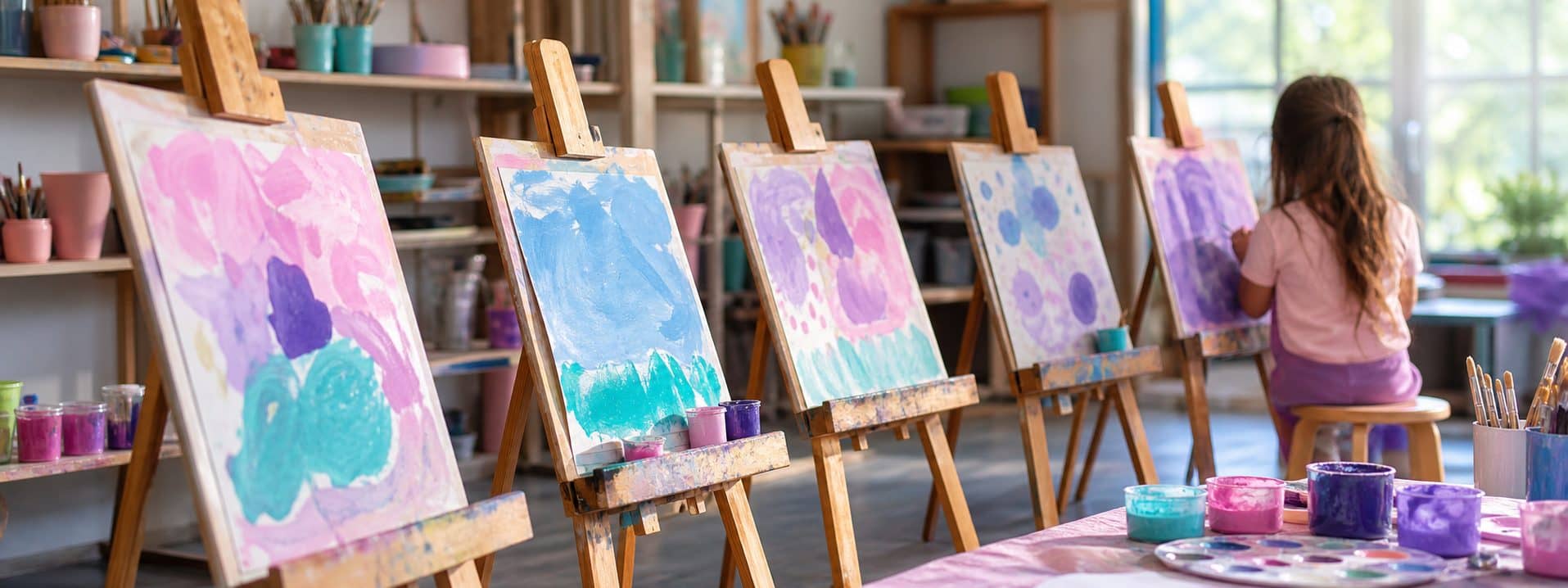 A row of easels holding children's paintings in progress, one child working at the far end of the studio