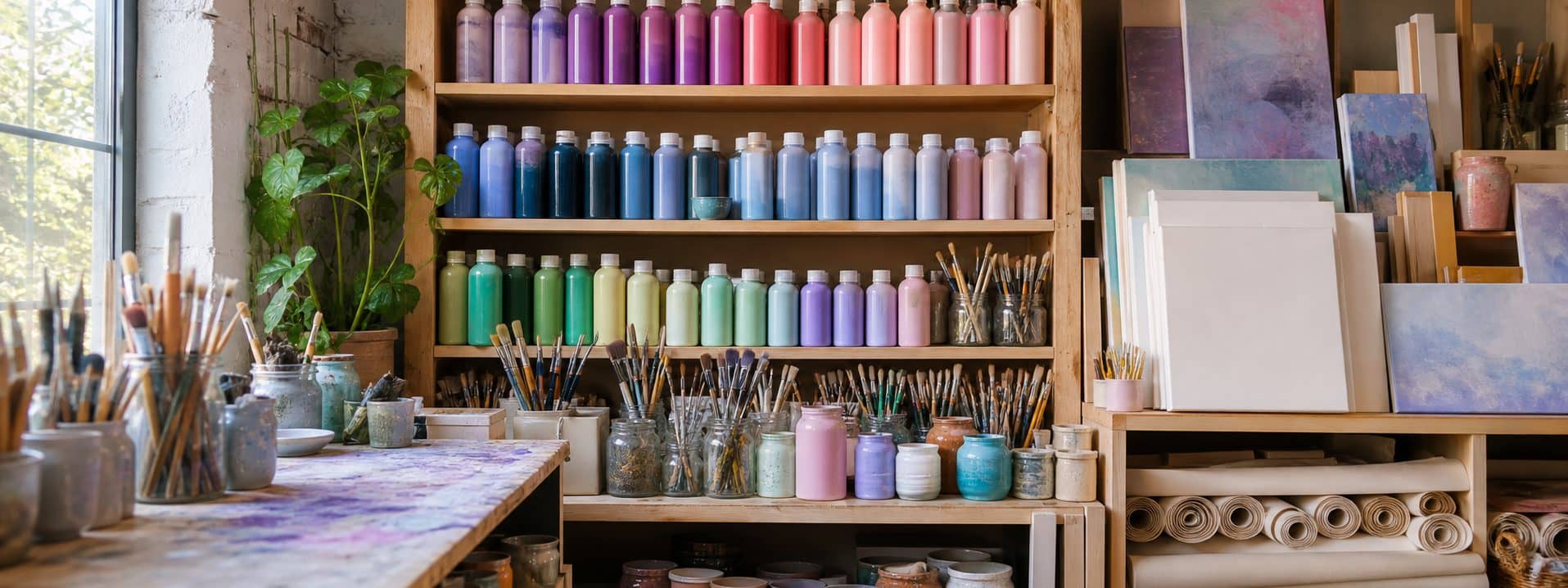 Studio shelves stacked with paint bottles sorted by colour, jars of brushes, and blank canvases waiting to be used