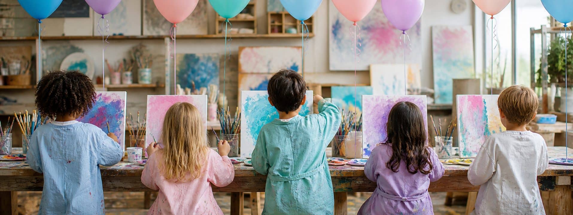 Five children in painting smocks at a long table, each working on their own canvas under a row of balloons