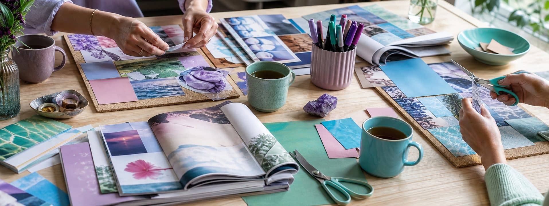 A table of vision board materials: cork boards, cut magazine images, marker pots, scissors and mugs of tea