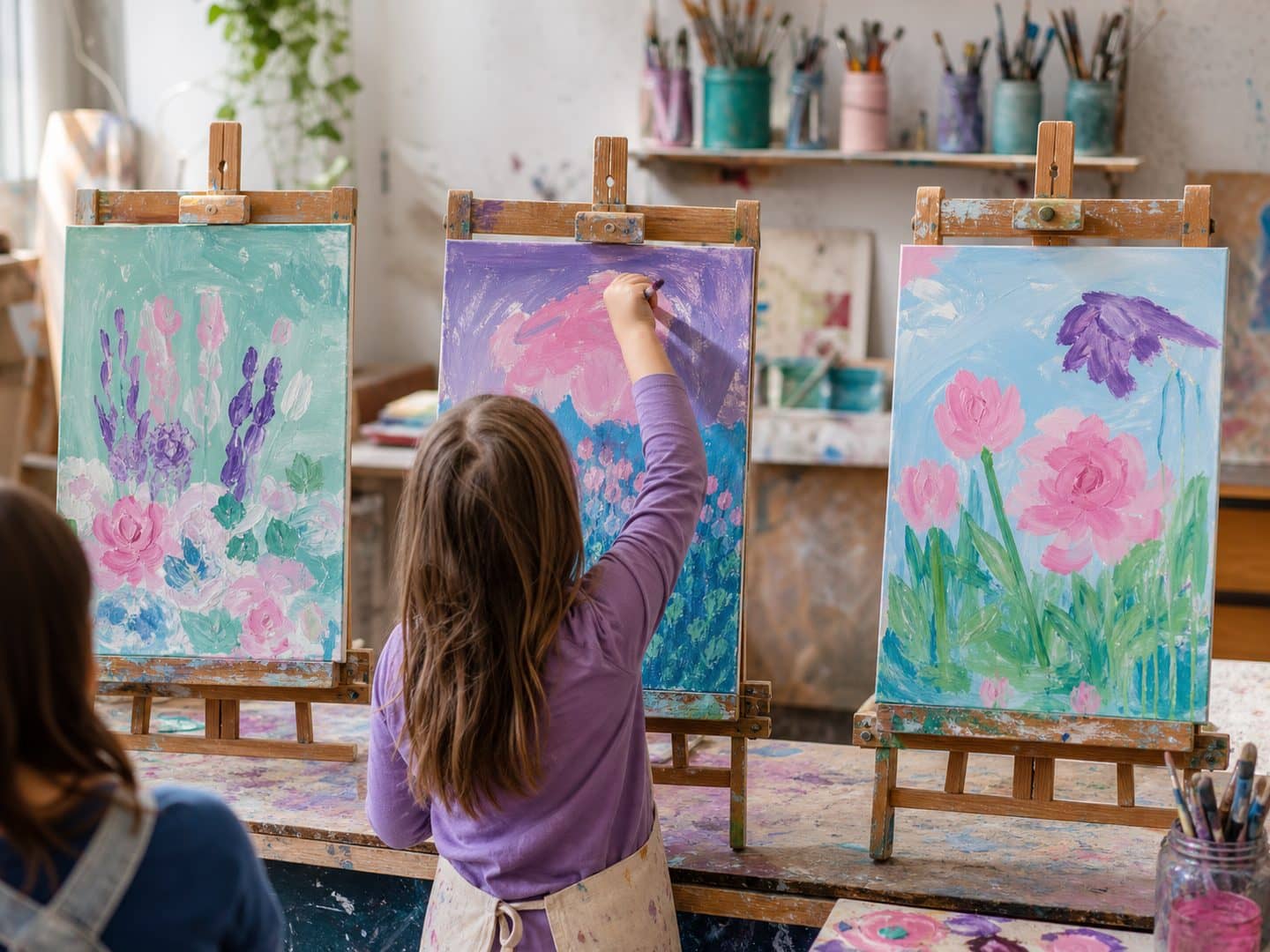 Small easels in a sunlit studio with paintings in progress