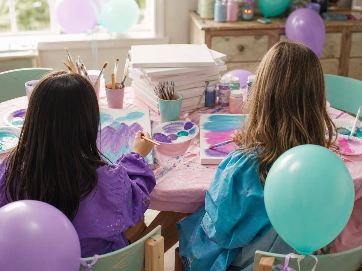 Children painting at a decorated party table, seen from behind