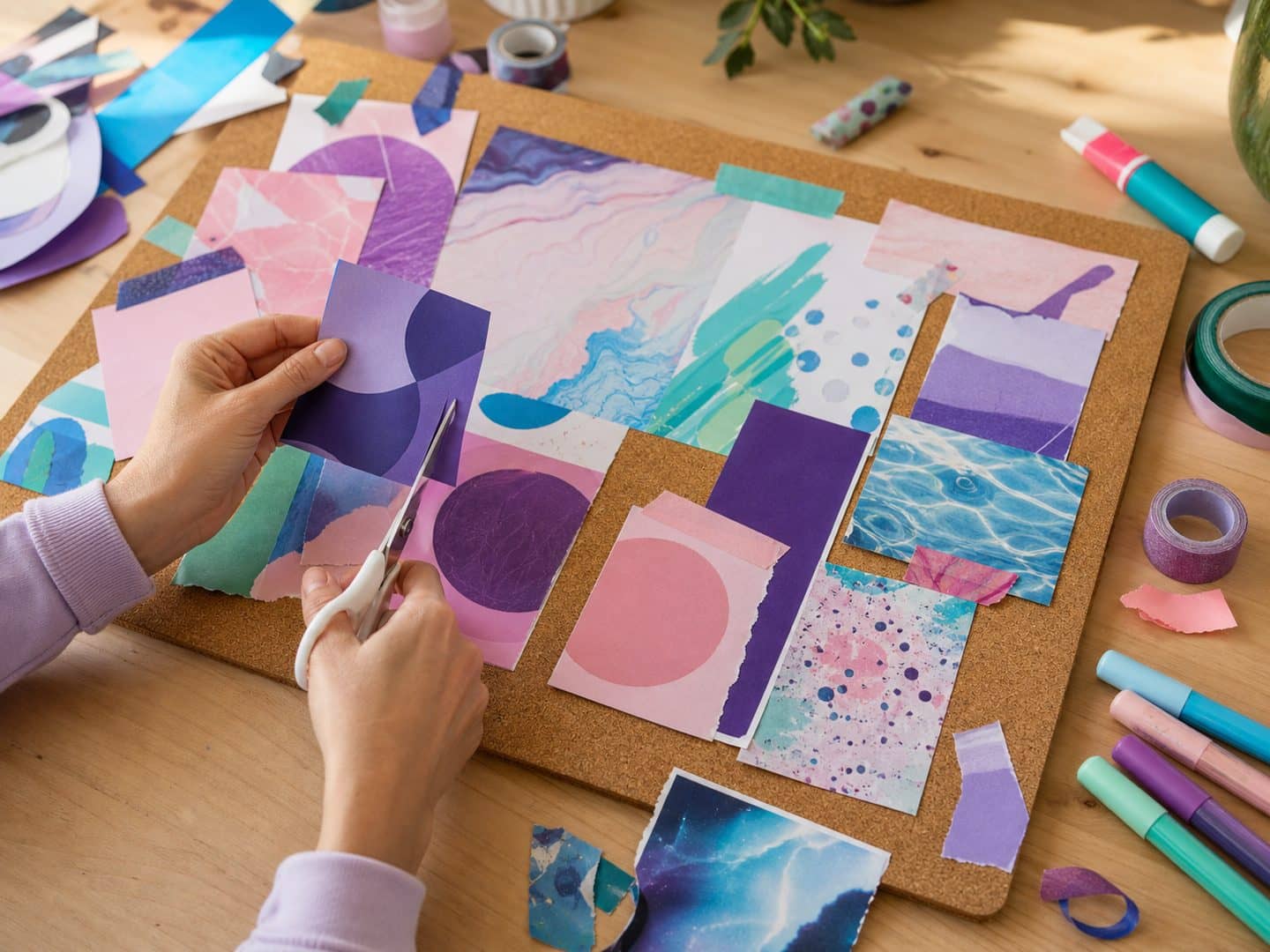 Hands arranging cut-out shapes on a vision board