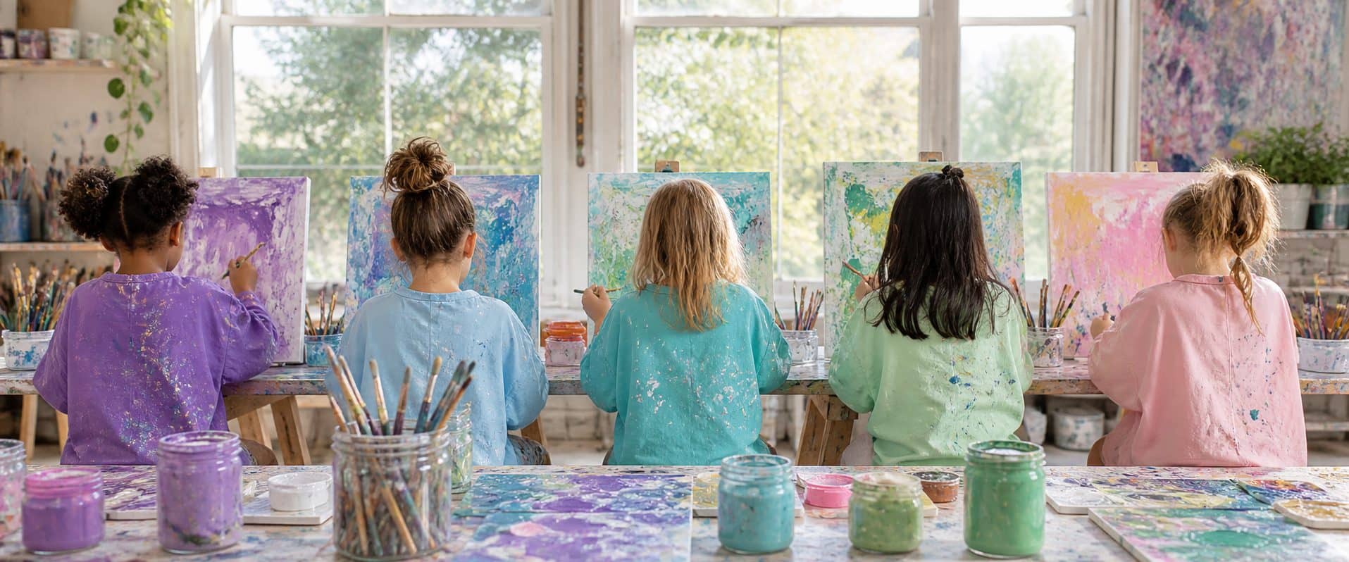 Five children at one long table under a studio window, each painting their own canvas