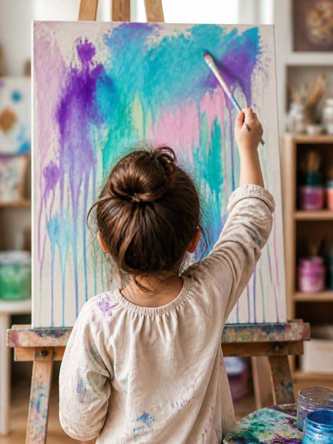 A child at a full-size easel, brush raised, working into a canvas of dripped turquoise and violet