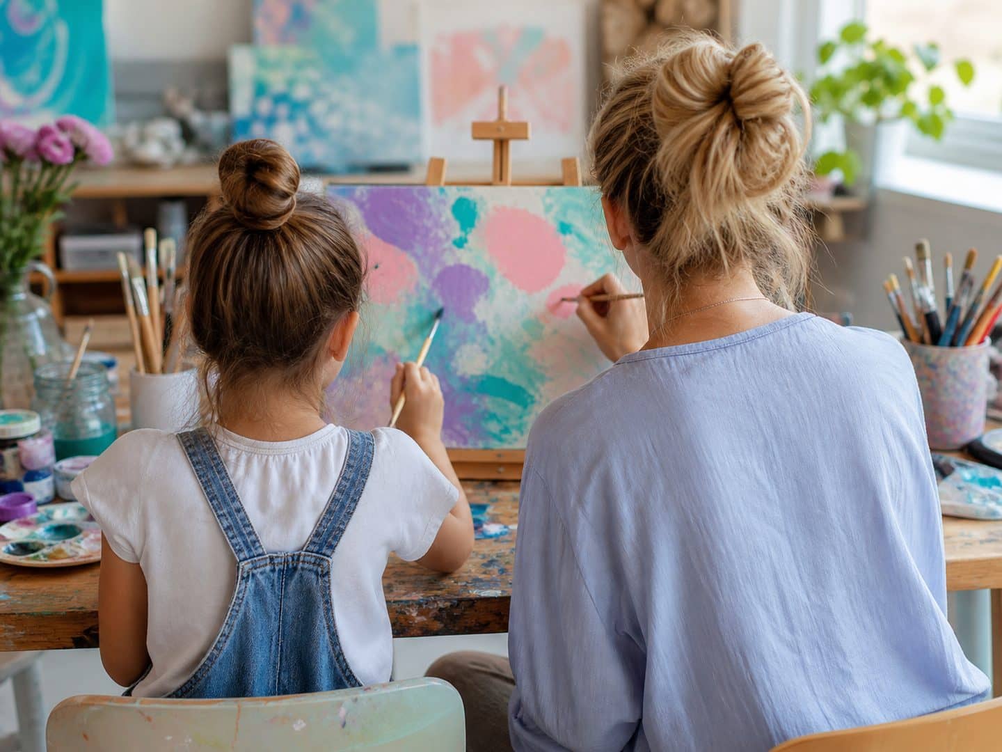 An adult and a child side by side at one easel, both working into the same canvas