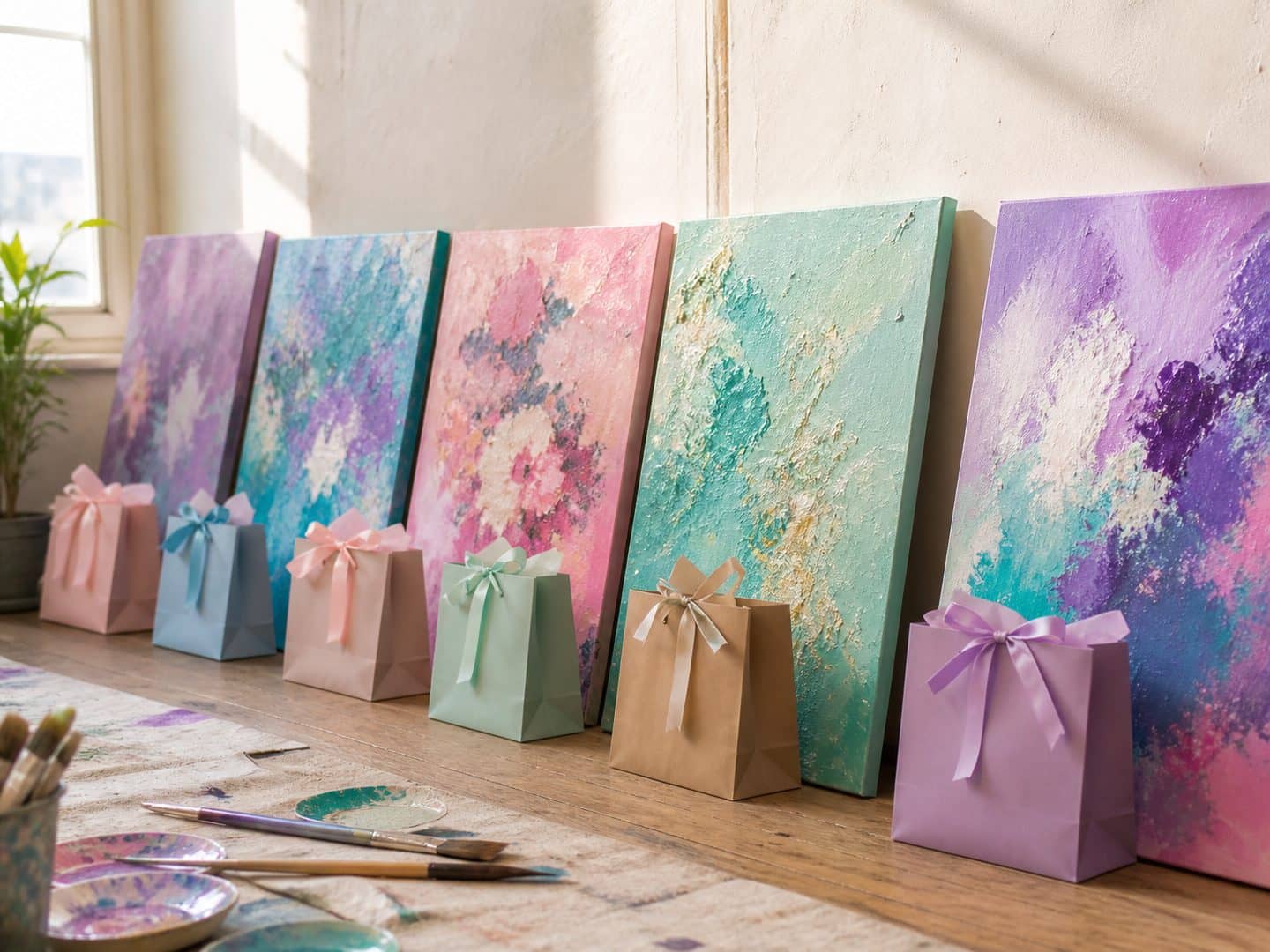 Five finished canvases leaning against a studio wall with ribbon-tied favour bags lined up in front of them