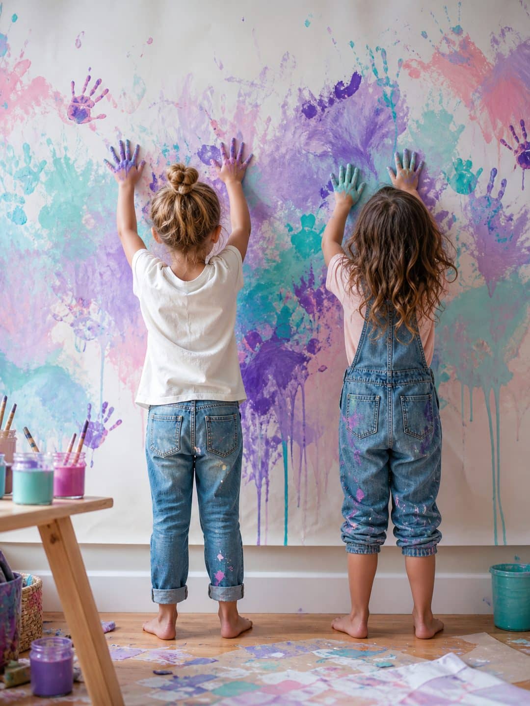 Two children pressing painted handprints onto a large sheet of paper taped to the wall