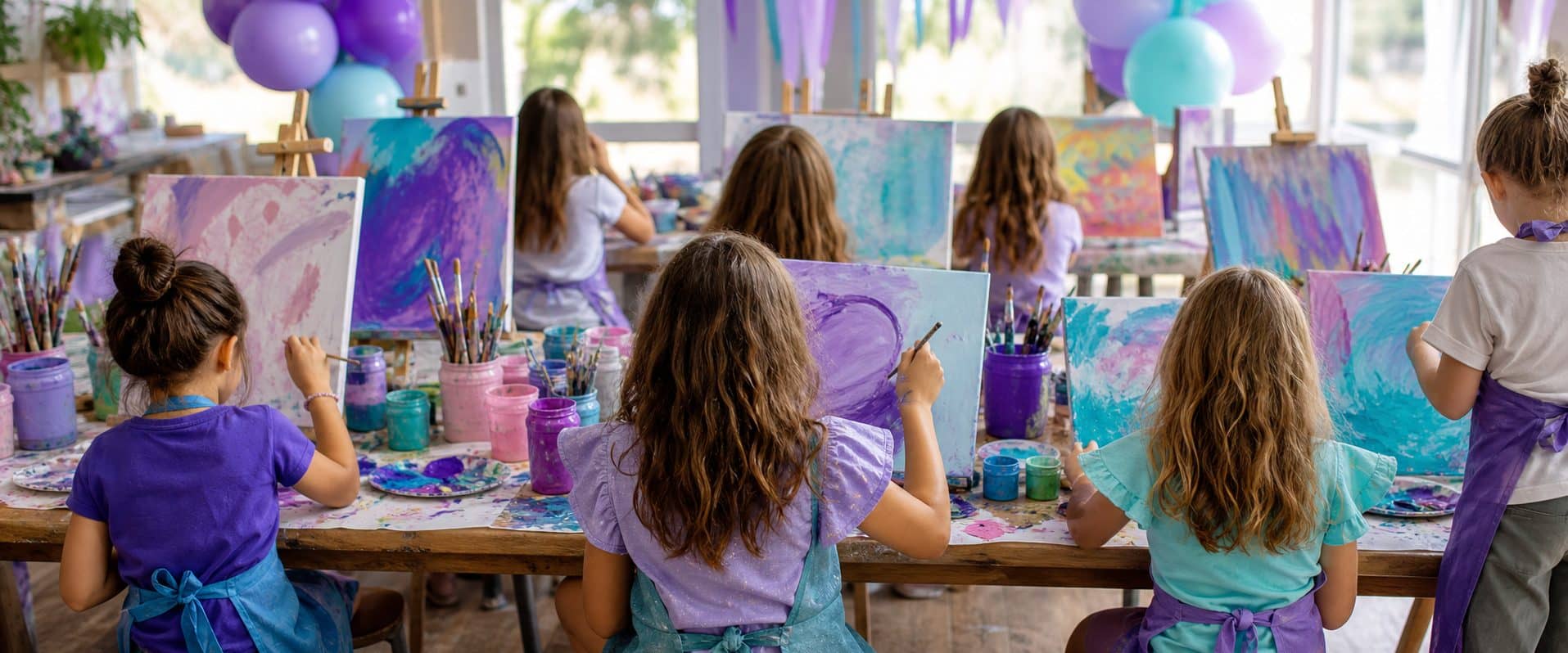 Children in painting smocks at a long party table, each working on their own canvas, balloons overhead