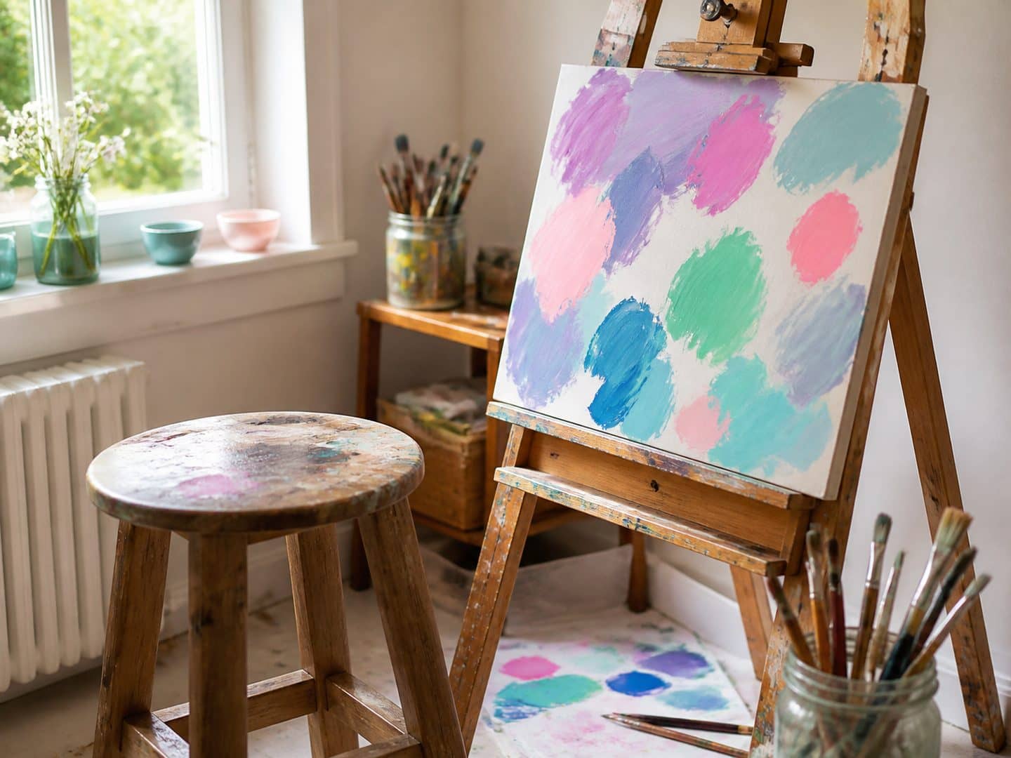 A corner of the studio: a paint-marked stool, an easel holding a canvas of loose colour, jars of brushes on the sill