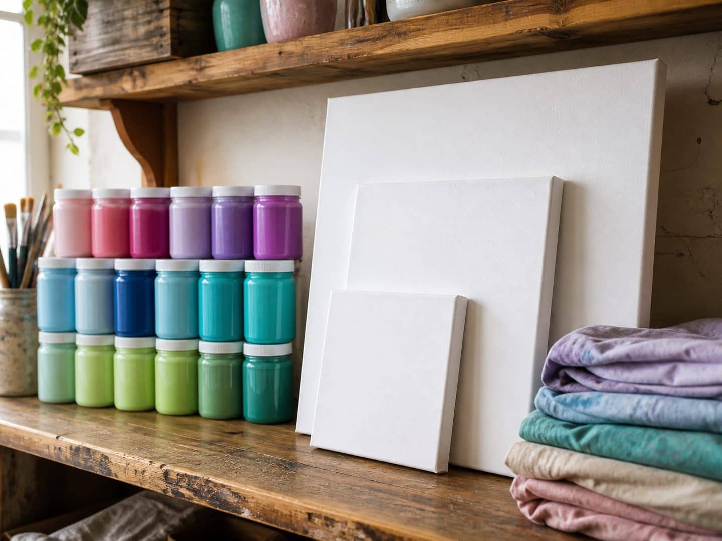 A studio shelf of paint jars sorted pink through green, three blank canvases stacked beside them and a folded pile of cloth