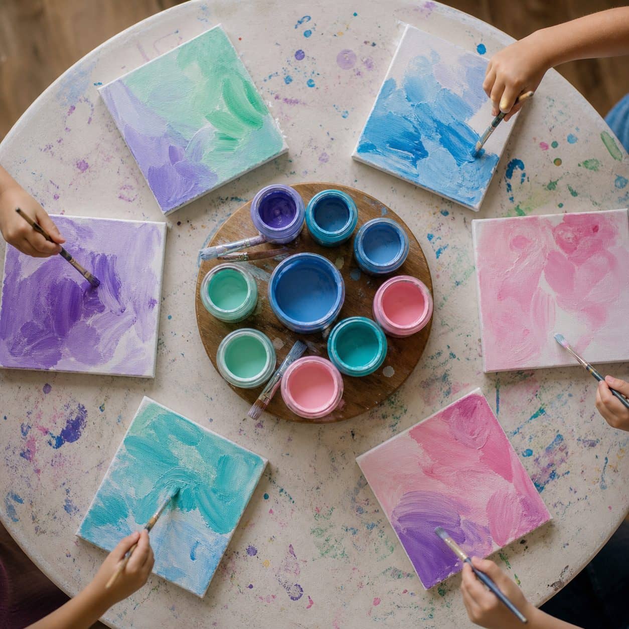 A round table from above, six small canvases and a wheel of paint pots between them, children painting at each place