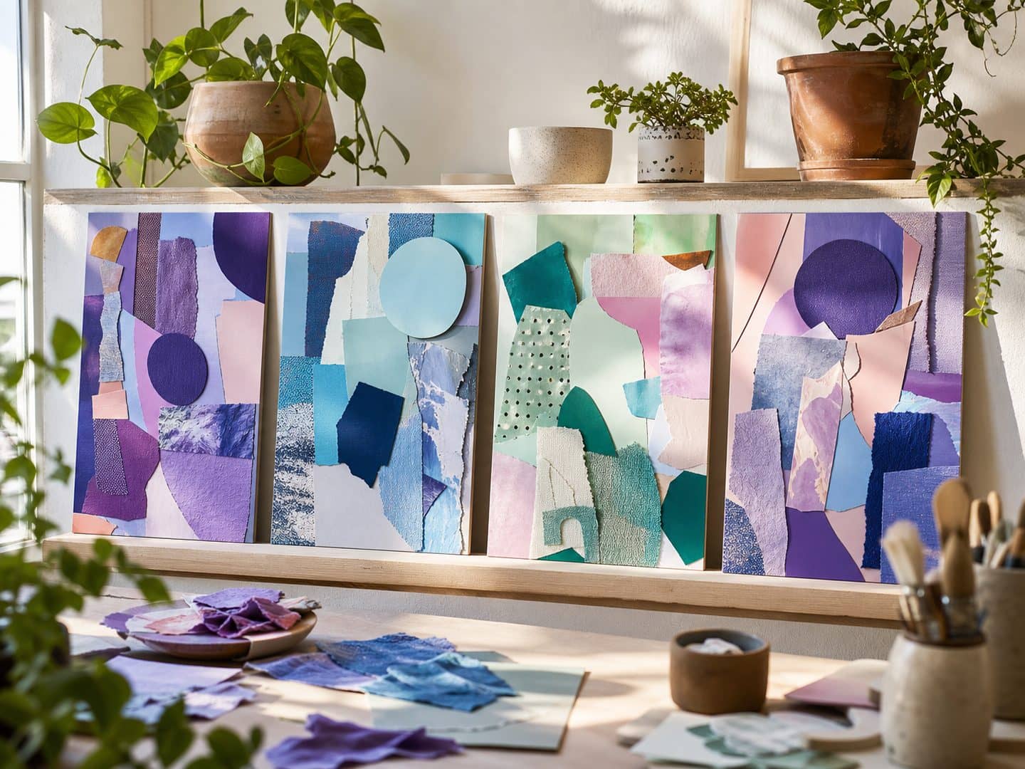 Four finished vision boards propped on a shelf, each a collage of torn paper in blues, greens and violets