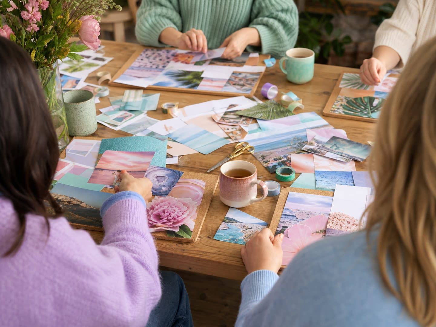 Four people at a wooden table, cutting and arranging magazine images onto cork boards, mugs of tea between them